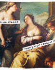 Sure! Here’s your sentence, rewritten using the given product data: A classical painting of two women and a cherub, with overlaid text reading “Why do we dream?” and “Poetry must conquer the world,” from the Lily, Poetry design by SUZI ROHER. One woman holds a mirror; architectural ruins are in the background.