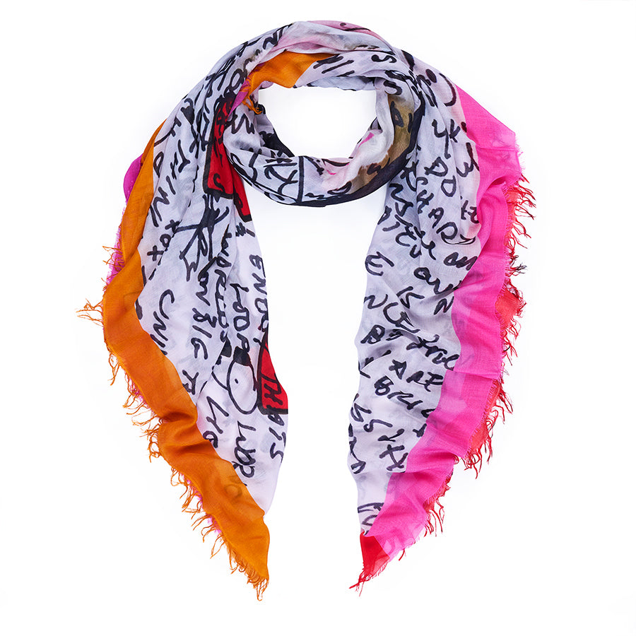 Colourful scarf with black text pattern on a white background, with pink, orange and red edges.