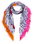 Colourful scarf with black text pattern on a white background, with pink, orange and red edges.