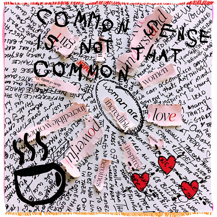 Collage of cut-out words and phrases on a textured background. A scarf about women's empowerment, black and white with colourful pink and orange edges.