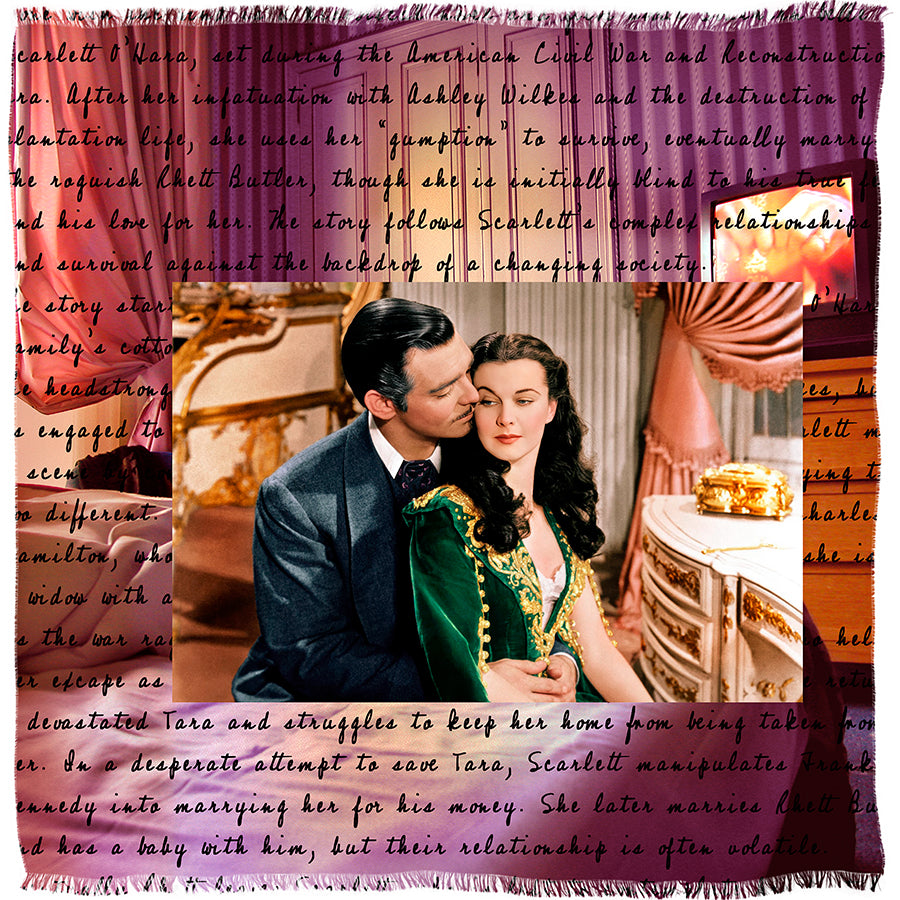 A man and woman in formal Civil War–era clothing sit together in an elegant room, with the script text “Scarlett” and the SUZI ROHER brand name featured in the background.