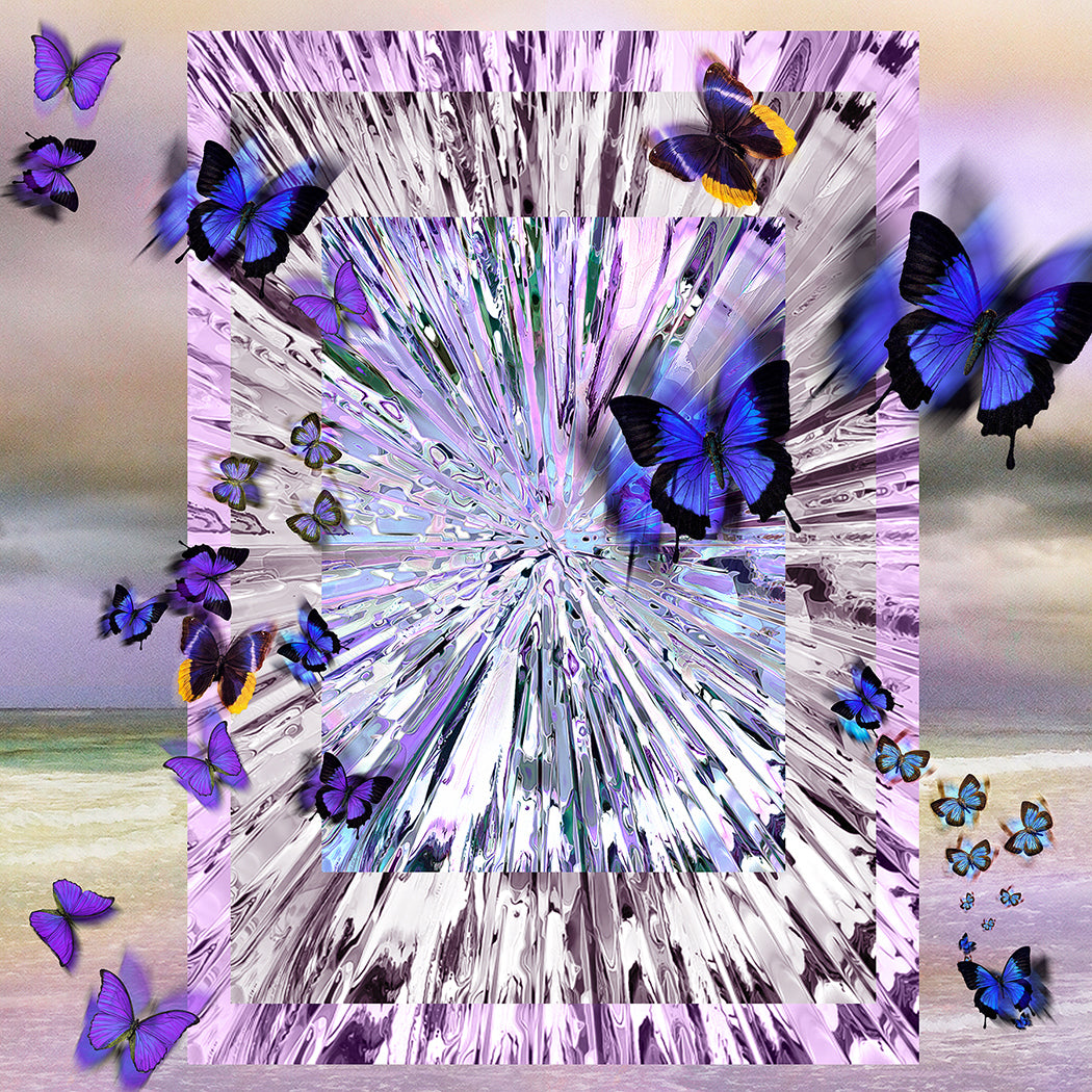 A rectangular portal of purple-and-white ripples appears on a beach, with vibrant butterflies, evoking the enchanting "Social Butterfly" scarf by SUZI ROHER against a backdrop of a cloudy sky and ocean waves.
