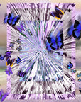 A rectangular portal of purple-and-white ripples appears on a beach, with vibrant butterflies, evoking the enchanting "Social Butterfly" scarf by SUZI ROHER against a backdrop of a cloudy sky and ocean waves.