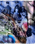 A black-and-white scene from Sunset Blvd. features a woman on a grand staircase surrounded by men, overlaid with rainbow colors and the phrase: “Alright, Mr. DeMille, I’m ready for my close-up.” Artwork by SUZI ROHER.