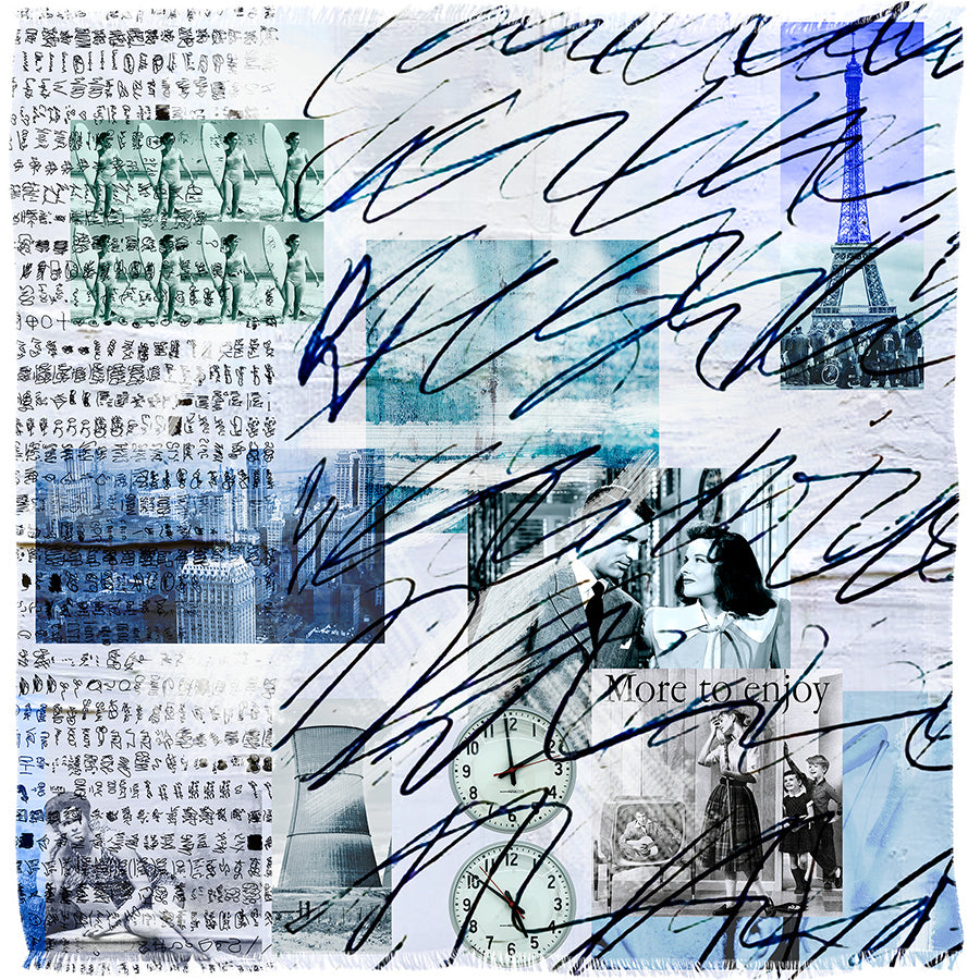 A blue-toned collage of handwritten script, Asian characters, the Eiffel Tower, vintage photos, and clocks—SUZI ROHER’s “To Enjoy” scarf brings nostalgic, multicultural flair to any outfit. Perfect for gifting or daily wear.