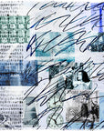 A blue-toned collage of handwritten script, Asian characters, the Eiffel Tower, vintage photos, and clocks—SUZI ROHER’s “To Enjoy” scarf brings nostalgic, multicultural flair to any outfit. Perfect for gifting or daily wear.