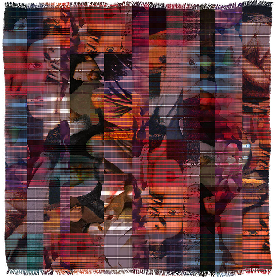 True to Form by SUZI ROHER is a woven textile featuring layered, fragmented images of faces and hands in warm, reddish tones, intersected by semi-transparent vertical and horizontal stripes.