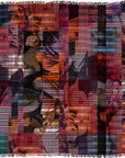 True to Form by SUZI ROHER is a woven textile featuring layered, fragmented images of faces and hands in warm, reddish tones, intersected by semi-transparent vertical and horizontal stripes.