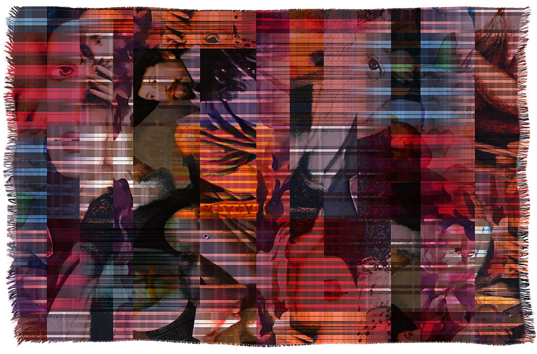 A woven textile from SUZI ROHER, called “Lily, True to Form,” features overlapping abstract shapes, human faces, and animals in warm tones. Vertical and horizontal lines create a plaid effect across the design, and the piece is finished with fringed edges.