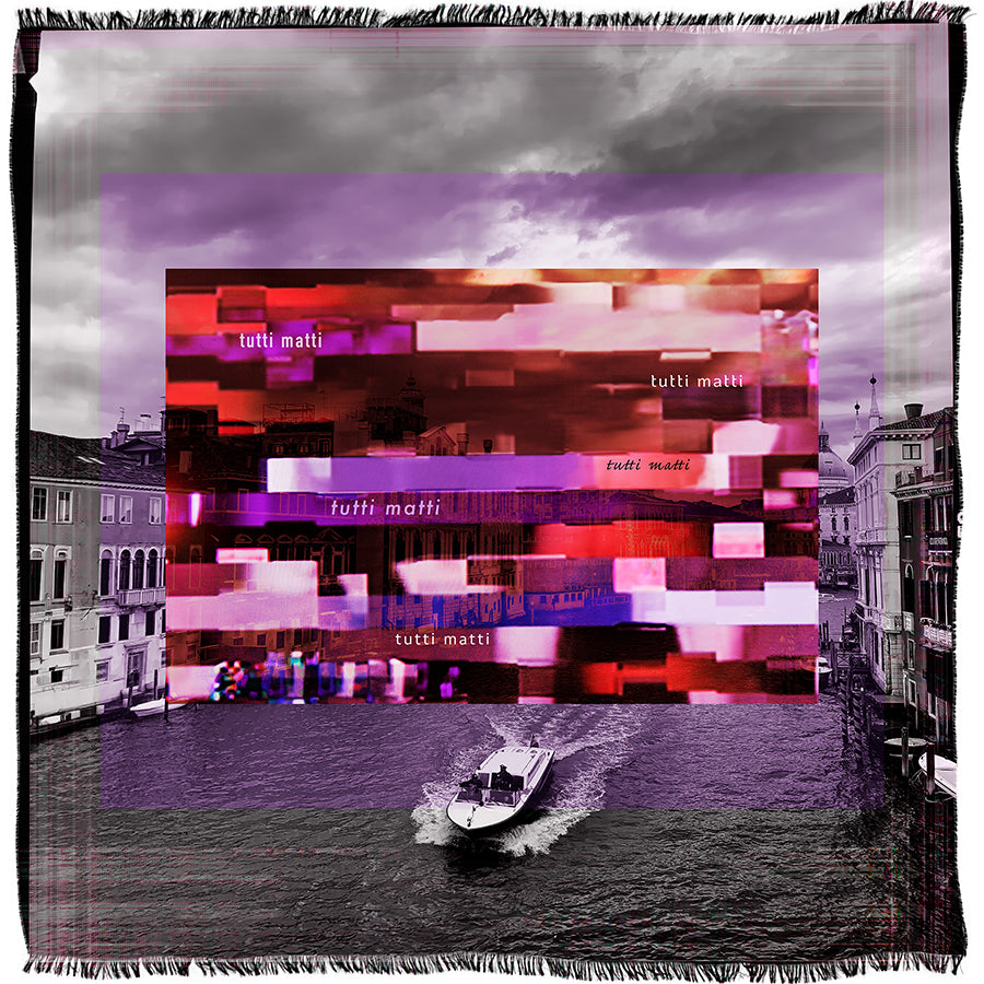 A black-and-white photo of a boat on a canal is overlaid with a vibrant, pixelated rectangular design featuring the repeated text “Tutti Matti” in various sizes and shades of red and purple, from SUZI ROHER.