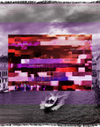 A black-and-white photo of a boat on a canal is overlaid with a vibrant, pixelated rectangular design featuring the repeated text “Tutti Matti” in various sizes and shades of red and purple, from SUZI ROHER.