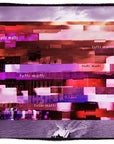 A black-and-white Venice canal scene is overlaid with a vivid, pixelated digital collage in red and pink tones featuring the words “tutti matti” throughout the colorful design. The artwork, titled Lily, Tutti Matti, is by SUZI ROHER.