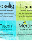 A collage of four colorful panels defining koselig, lagom, yugen, and meraki—unique cultural concepts—styled with a modern fashion twist featuring the elegant SUZI ROHER scarf "Lily, Yugen.