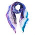 Multicolored scarf with text and patterns on a white background, blue, purple, pink colours.