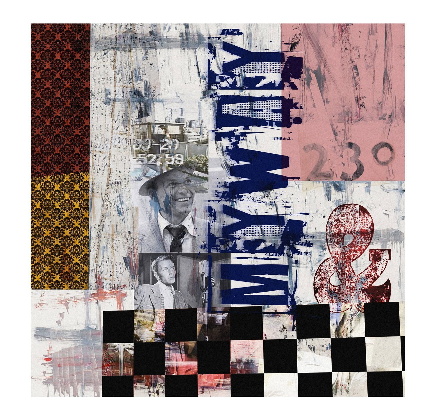 A giclee print from SUZI ROHER, "My Way" features vintage men in suits, checkerboard patterns, textured paint, bold “23°” and “WIN WIN” text, plus a red ampersand on pink—perfect for stylish decor or Frank Sinatra fans.