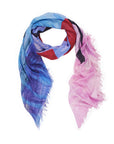 The SUZI ROHER "I Love U" scarf is a lightweight modal silk accessory with frayed edges and an abstract blue, purple, red, and pink pattern, shown in a loose loop on a white background.