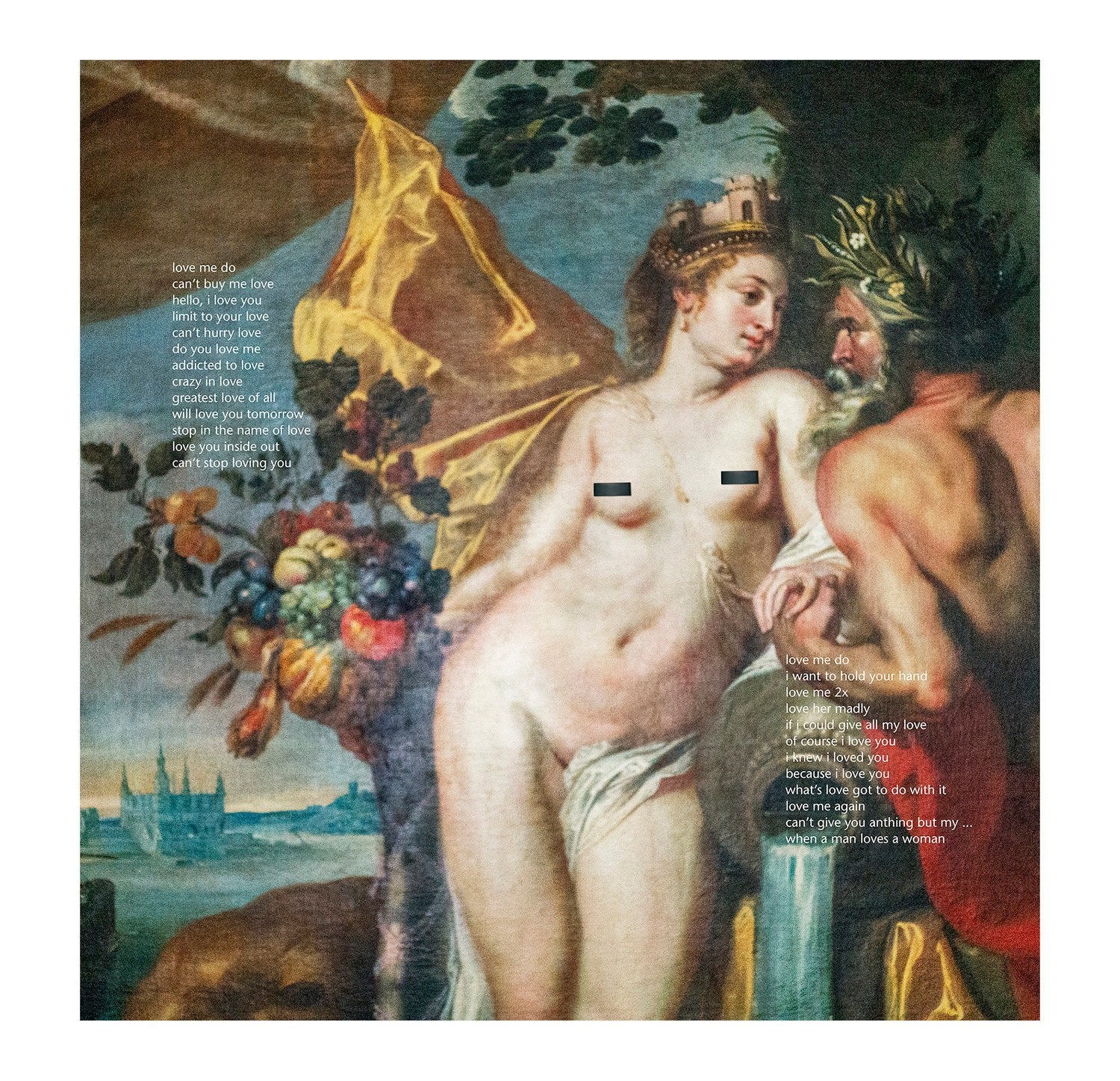 Love Me Do" by SUZI ROHER is a Giclee print showing a crowned, partially nude woman with a cornucopia beside a robed, bearded man. Censored bars and bold text overlay add intrigue to this classical-style artwork.