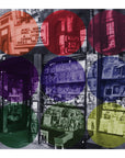 Rebel Without A Cause by SUZI ROHER: A black and white vintage newsstand photo with colorful circles and a James Dean theater marquee, capturing teen rebellion. Available as striking giclee prints.