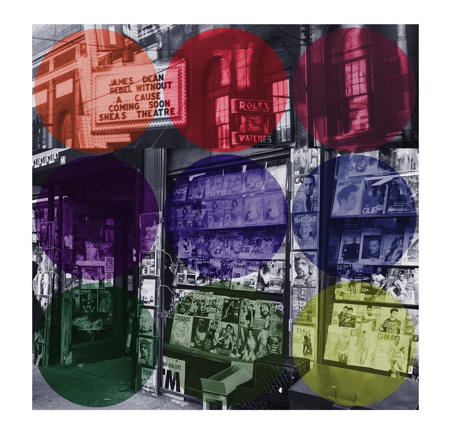 Rebel Without A Cause by SUZI ROHER: A black-and-white newsstand scene overlaid with red, purple, and yellow circles. Marquee advertises “James Dean Rebel Without a Cause Coming Soon Shea’s Theatre.” Ideal for fans of Giclee prints.