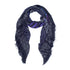 The SUZI ROHER "Wild Within" scarf is a dark, lightweight luxury accessory made in Italy, featuring subtle blue, purple, and gray polka dot and plaid patterns with frayed edges, displayed in a loose loop on a white background.