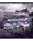 Between Earth and Sky" by SUZI ROHER features black-and-white Venetian canal buildings and boats, partially veiled by a vibrant pixel overlay in pink, blue, and purple—creating digital art suited for fine art or archival giclee prints.