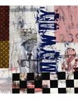 “My Way” by SUZI ROHER: a mixed-media collage with vintage suited men, bold blue “23°”, an ampersand, striped and checkerboard patterns—evoking Sinatra’s iconic style—on a textured, abstract background.