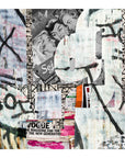 New Generation" by SUZI ROHER is a collage of black-and-white vintage magazine cutouts, bold text, images of women, graffiti-style paint strokes, and layered textures in black, white, and pink.